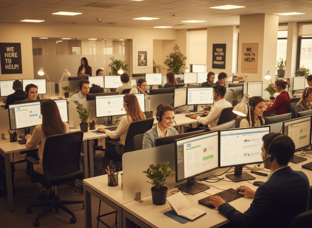 Friendly customer support team at work, headsets, computers, professional helpdesk environment, warm lighting