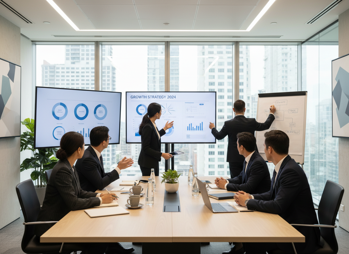 Professional business consulting meeting, modern office, people discussing strategy around a table, clean and corporate style